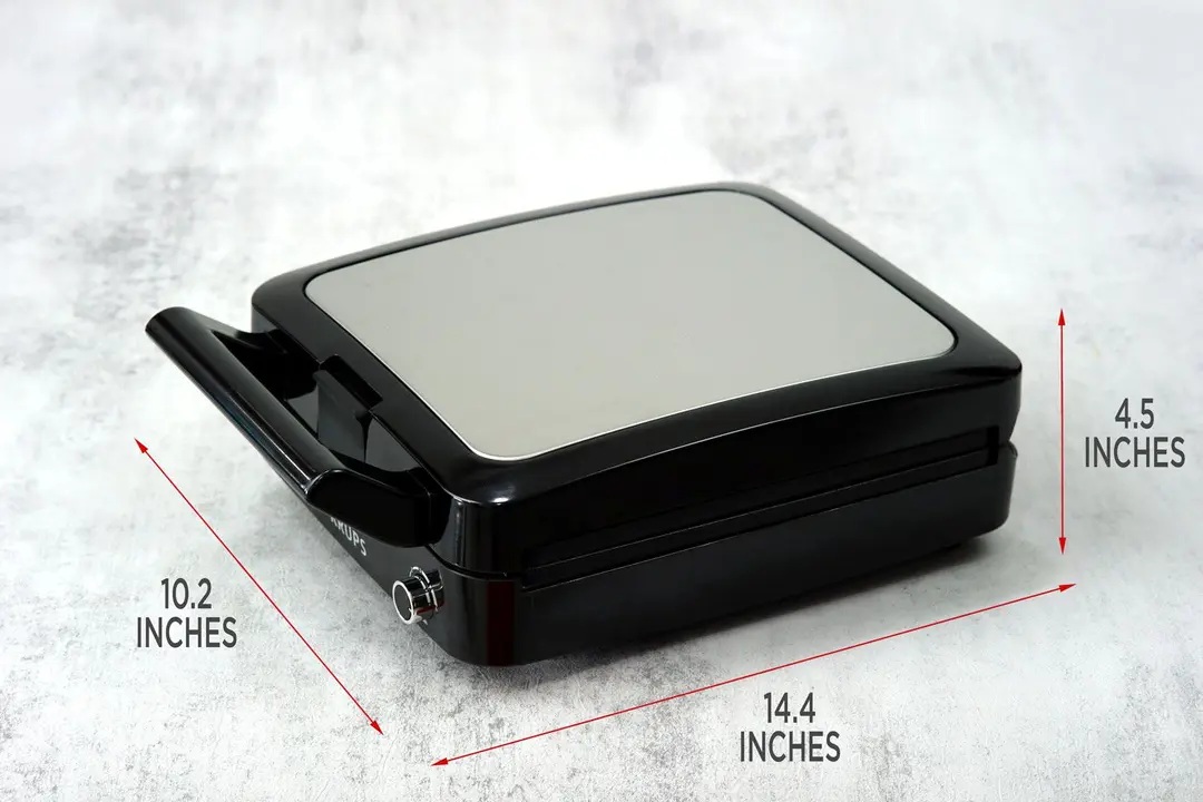 The KRUPS Belgian waffle maker’s dimensions. The length is 14.4 inches, height is 4.5 inches, and width is 10.2 inches.