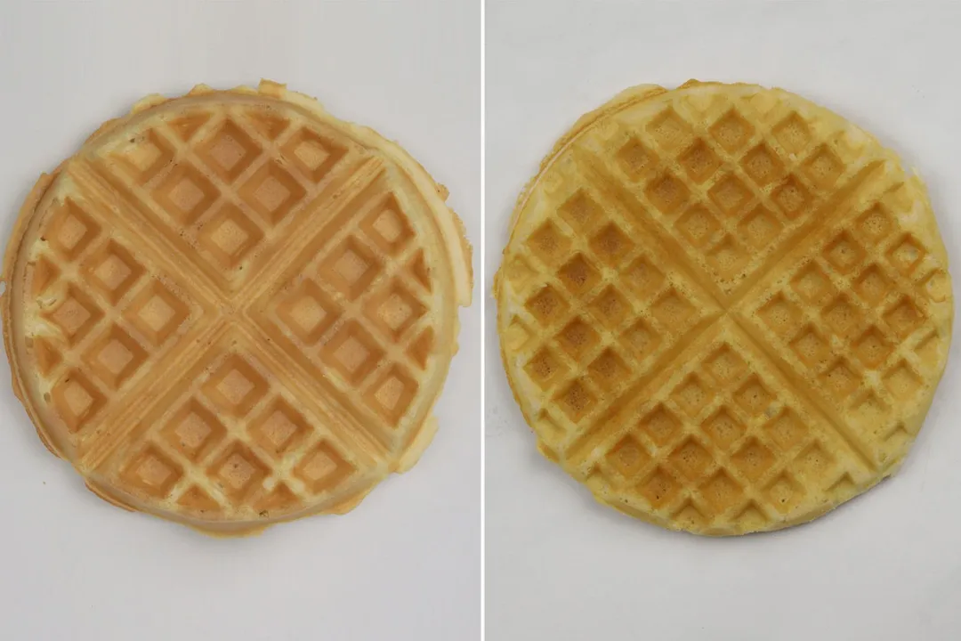 Two golden-brown samples of waffles are presented side by side, with Belgian-style waffles to the left and Classic-style waffles to the right.