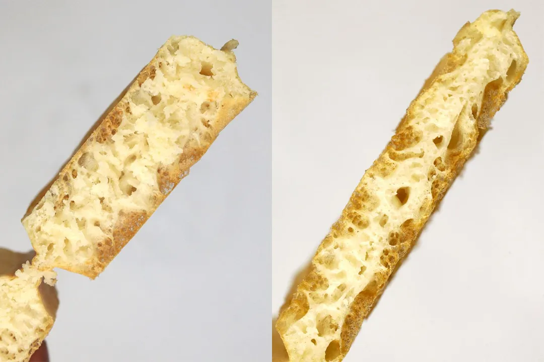 The interiors of two golden-brown waffle samples are shown side by side. The thicker Belgian-style waffle is to the left, and the thinner Classic-style waffle to the right.