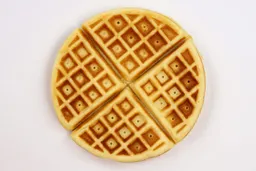 The dark brown - golden top crust of a waffle cooked for 5 minutes.