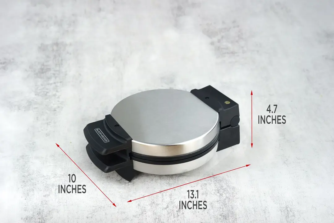 The side profile of the black and silver Black and Decker WMB500 waffle maker.