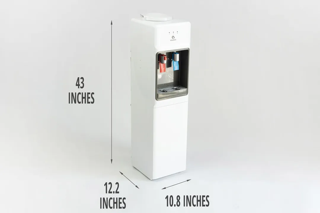 Illustrated dimensions of the Avalon A1 water cooler dispenser showing the height, depth, and width across in inches.