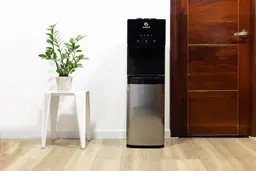Full front view of the Avalon A4 water cooler dispenser standing between a plant to the left and a cupboard to the right.