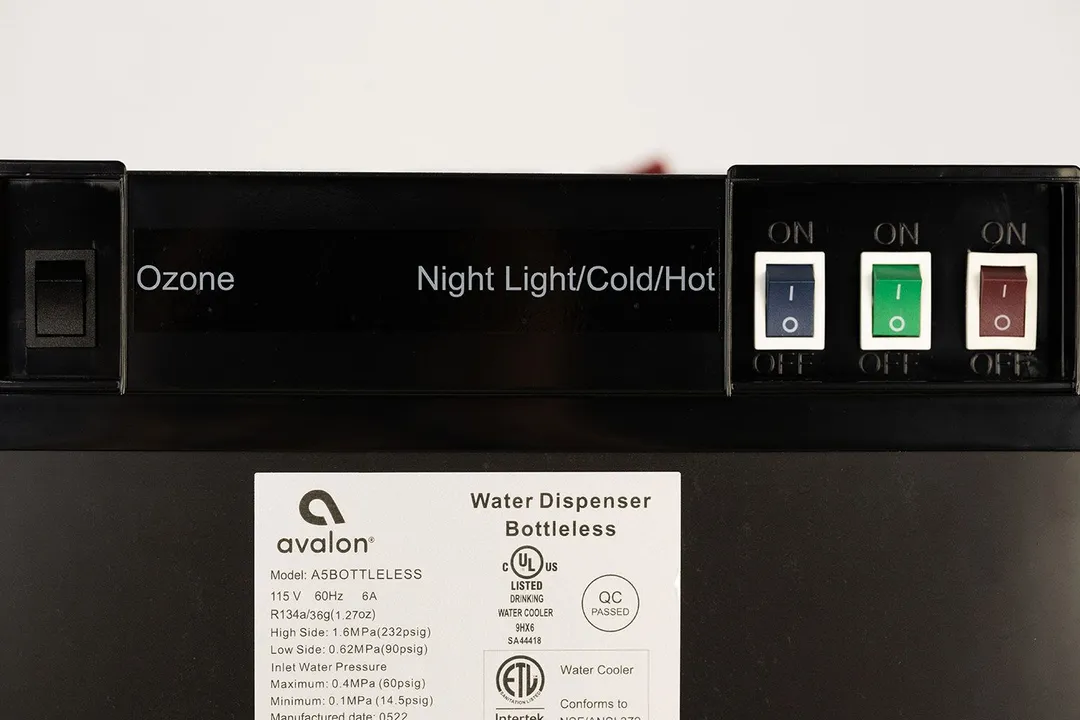 All the switches found on the rear of the Avalon A5 water cooler dispenser.