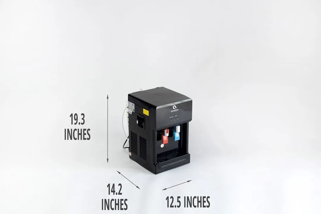 Illustrated dimensions of the Avalon A8 countertop water cooler dispenser showing the height, depth, and width across in inches.