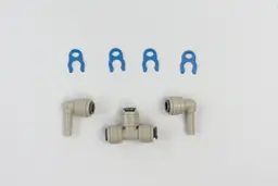 Parts for connecting water lines to the filters of a water cooler dispenser: 4 pressure clips and 3 PE line adaptors.