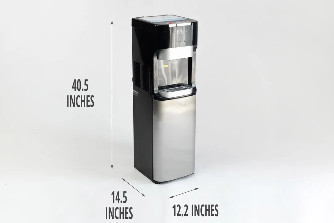Illustrated dimensions of the Brio 400 water cooler dispenser showing the height, depth, and width across in inches.