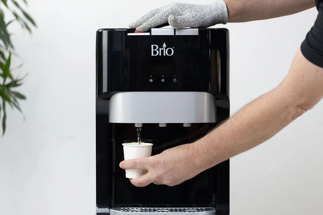 Hot water being dispensed from a water cooler dispenser with a hand holding a paper cup and the other pressing a button.