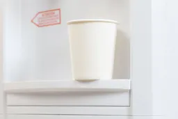 A paper cup resting on a small drip tray of a water cooler dispenser.