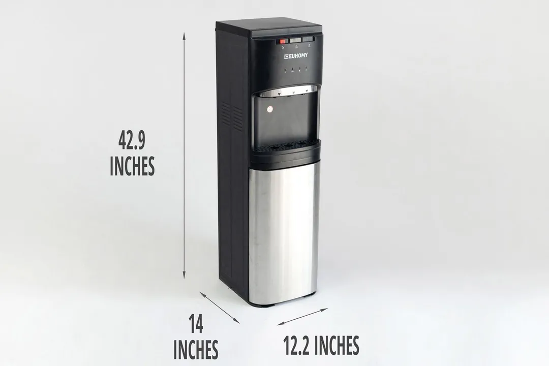 Illustrated dimensions of the Euhomy bottom loading water cooler dispenser showing height, depth, and width across in inches.