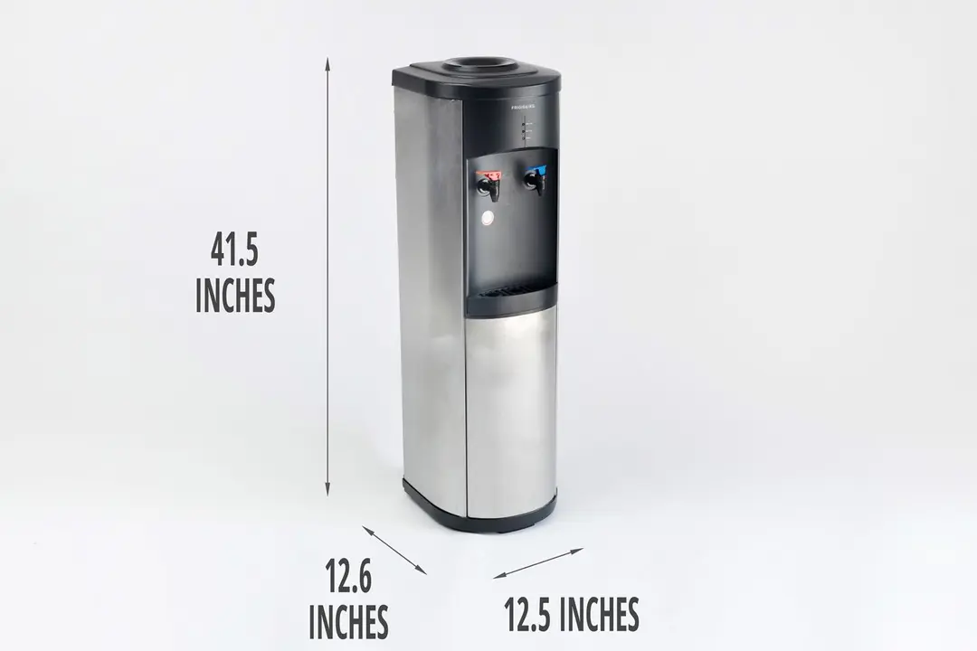 Illustrated dimensions of the Frigidaire EFWC519 water cooler dispenser showing the height, depth, and width across in inches.