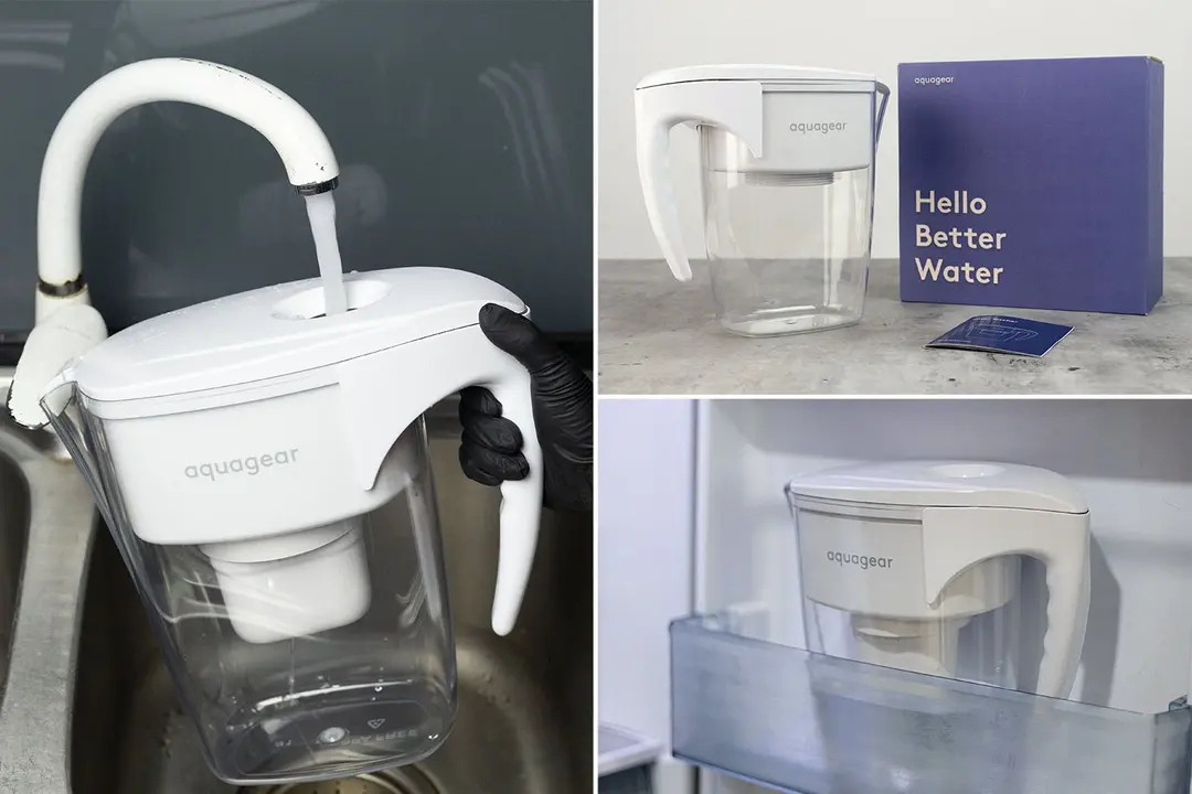 The Aquagear water filter pitcher next to its package box, in a fridge door, and under a tap