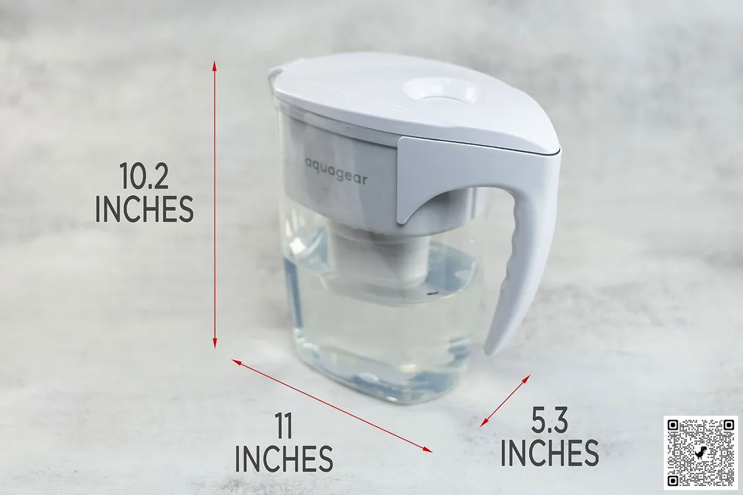 The Aquagear water filter pitcher and measurements