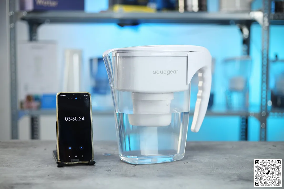 Aquagear pitcher next to smartphone