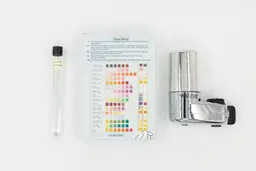 Color chart with used test strips in the center. Vial of sampled water is to the left. Brita Basic filter to the right.