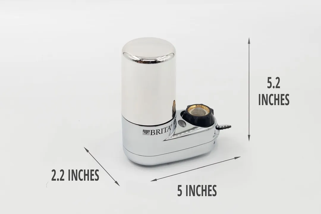 The dimensions of the Brita Basic are marked to the side. The length is 5 inches, width 2.2 inches, and height 5.2 inches.