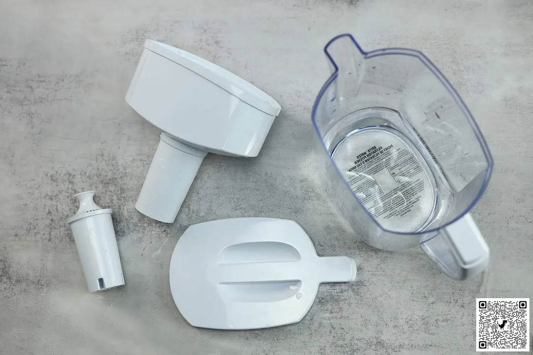 Parts of the Brita Everyday: the standard filter, reservoir, lid, and pitcher