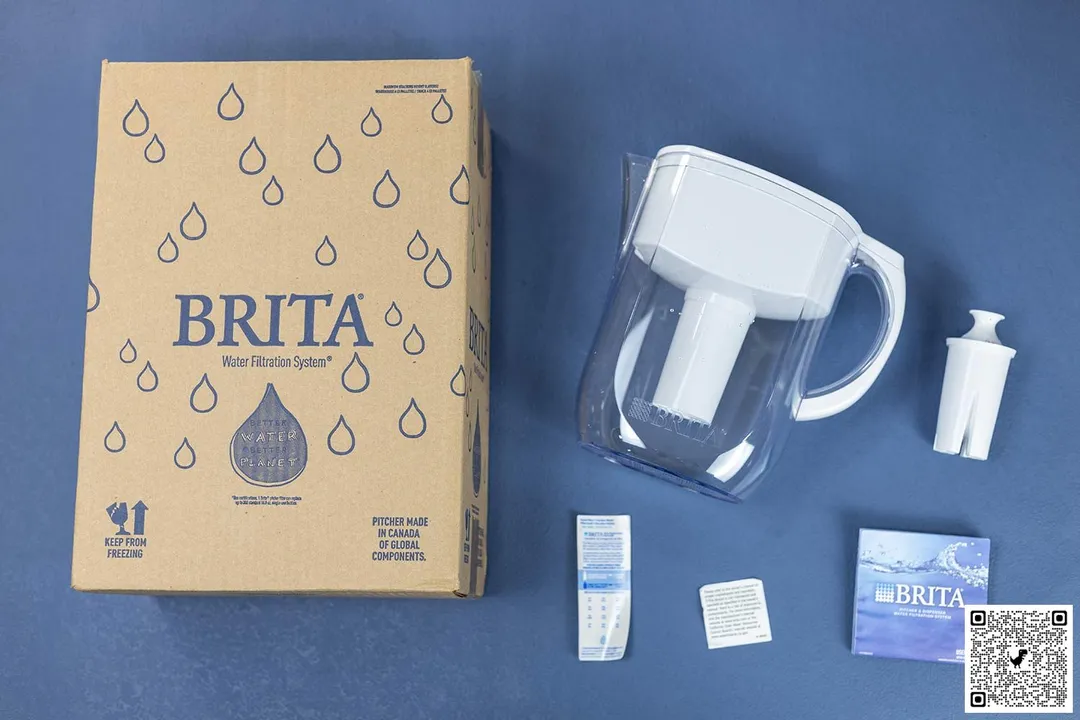 The Brita Everyday pitcher, its package box, filter, instruction manuals