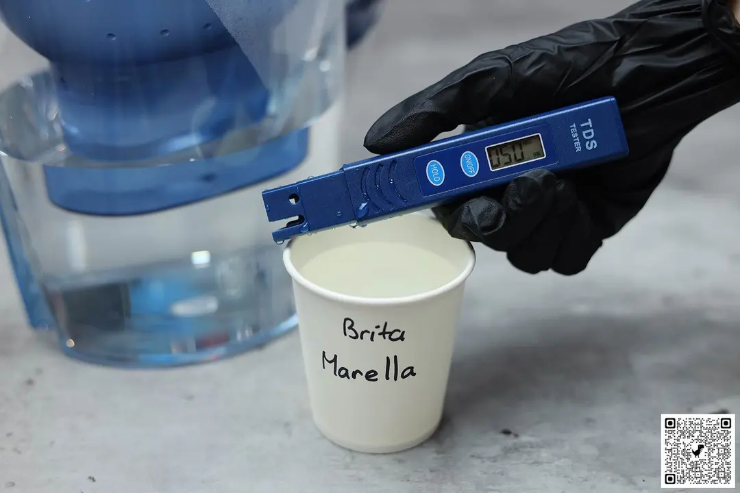 Gloved hand holding a water TDS meter over a paper cup labeled Brita Marella, the lower part of a water filter pitcher in the background