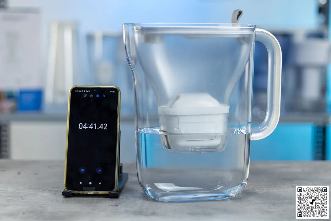 Brita Style Fridge Water Filter Jug next to smartphone timer