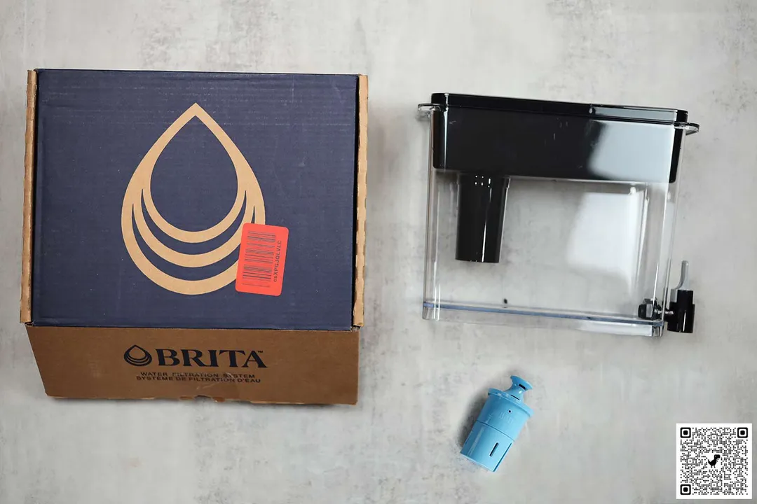 The Brita UltraMax dispenser, its package box, and the Elite filter