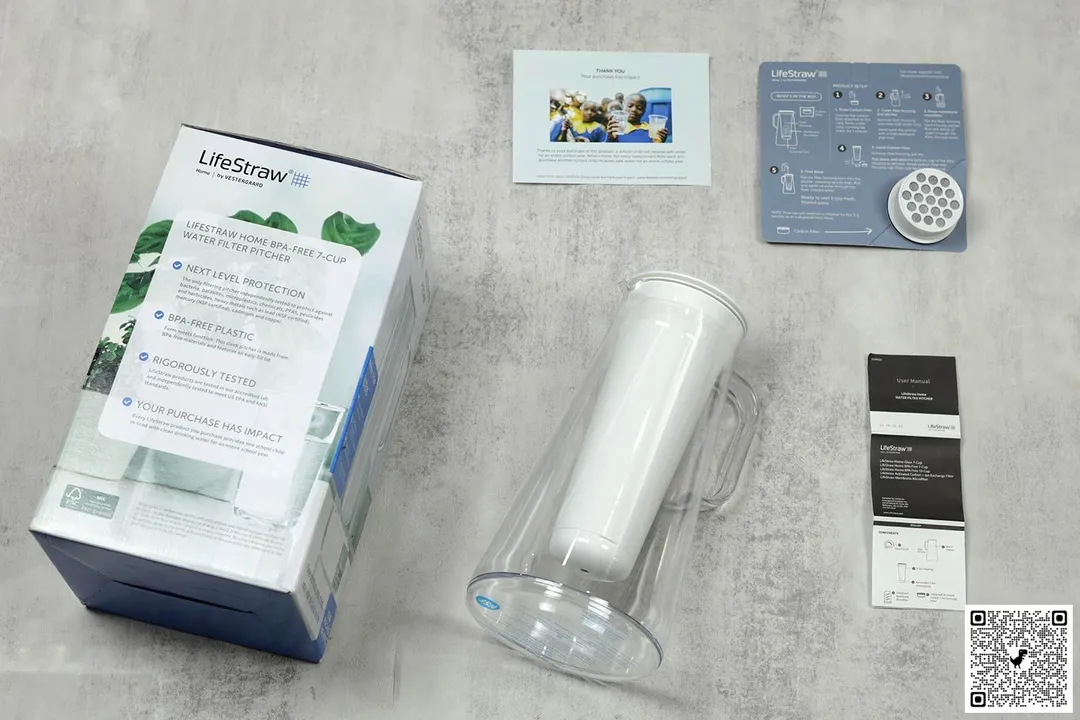 LifeStraw water jug, package box, carbon and ion-exchange filter, leaflets