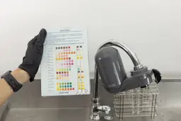 Two water test strips laid on a color chart, held to the left of the PUR Plus FM2500V water filter mounted on a faucet.