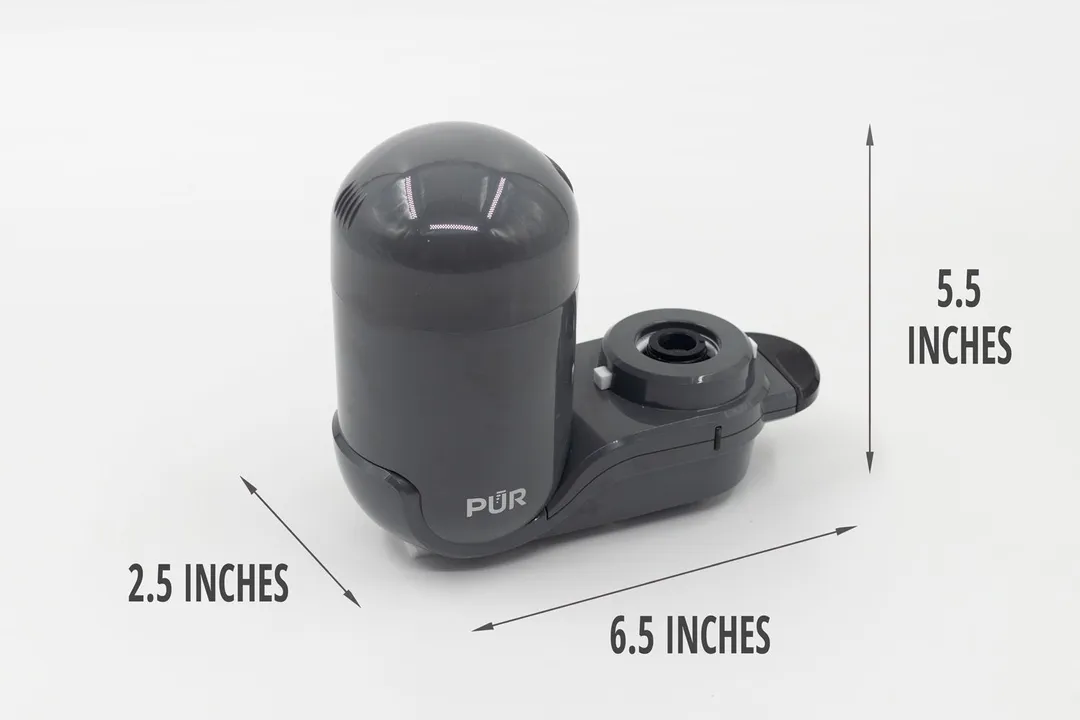 The dimensions of the PUR Plus FM2500V. Its length is 6.5 inches, width is 2.5 inches, and height is 5.5 inches.