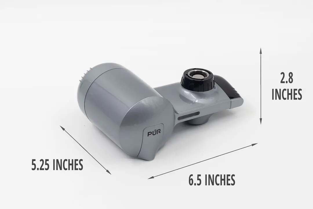The dimensions of the PUR Plus PFM350V. The length is 6.5 inches, the width is 5.25 inches, and the height is 2.8 inches.