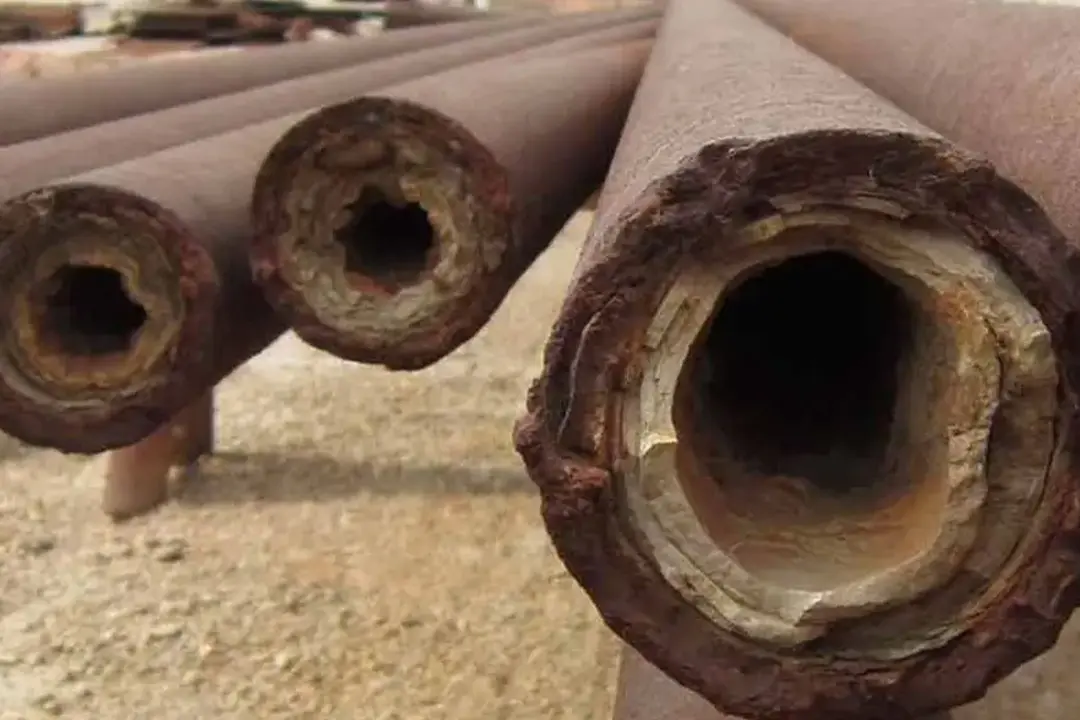 Solid mineral deposits inside of old water pipes