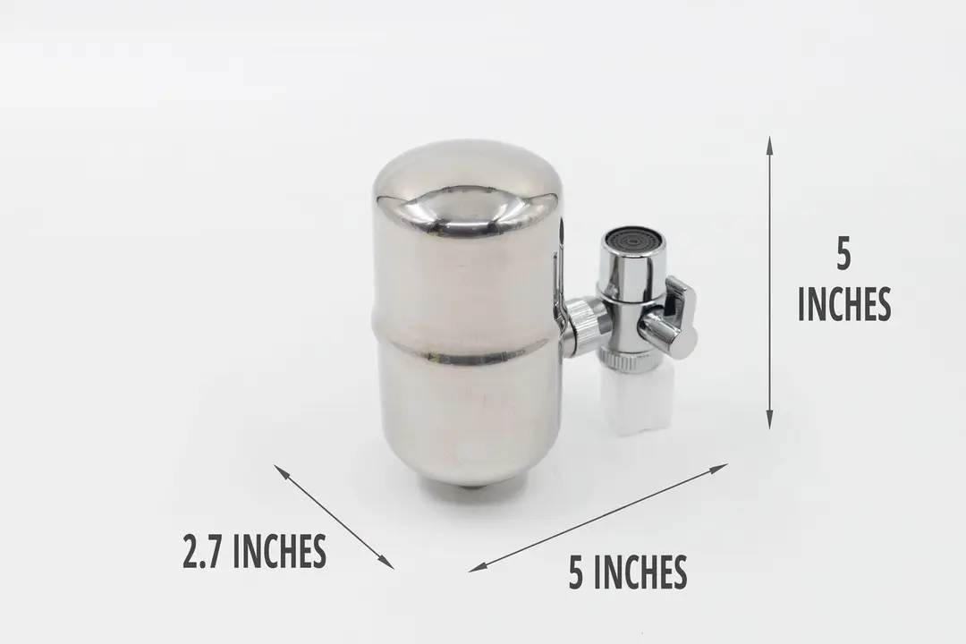 The dimensions of the Wingsol WS-FM001 filter. Its length is 5 inches, width 2.7 inches, and height 5 inches.