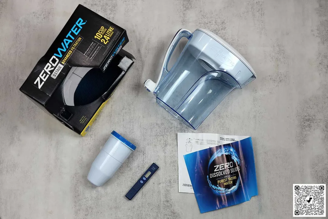 The ZeroWater 10 cup water filter pitcher, TDS meter, filter core, product box, user manual