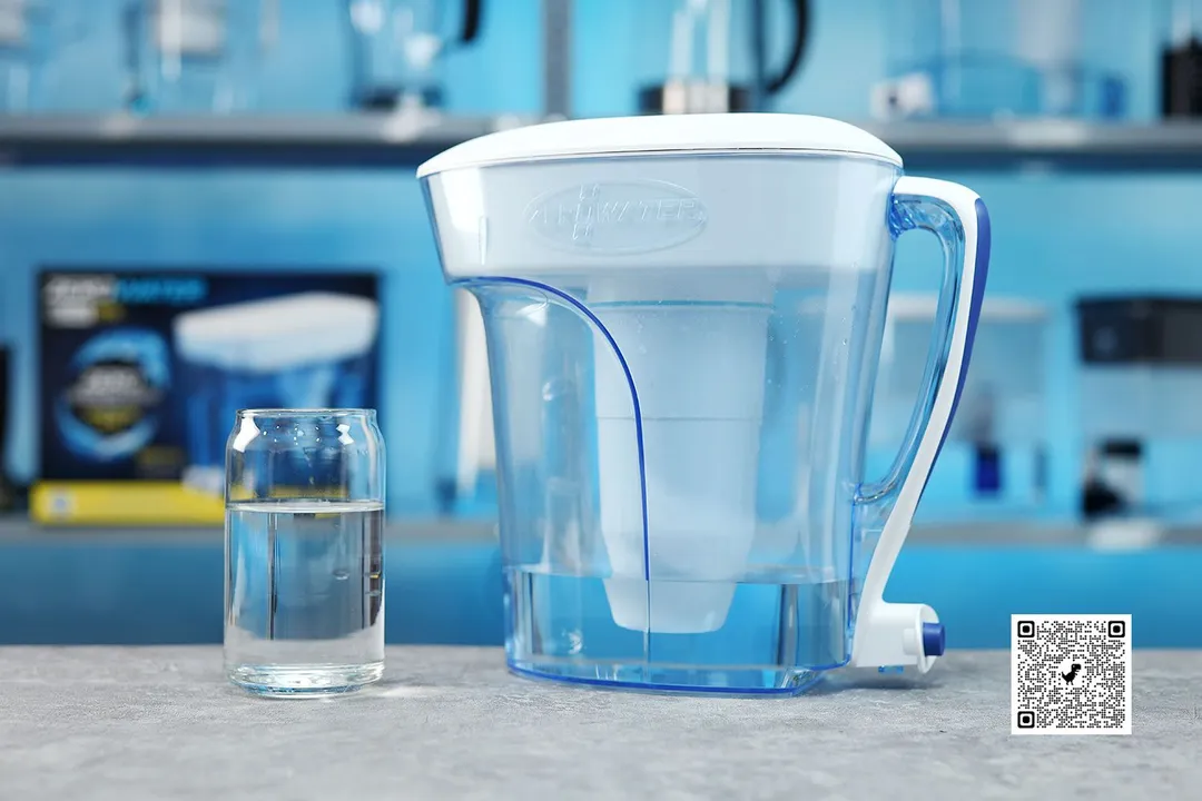 ZeroWater 10 cup filter pitcher next to a glass of water