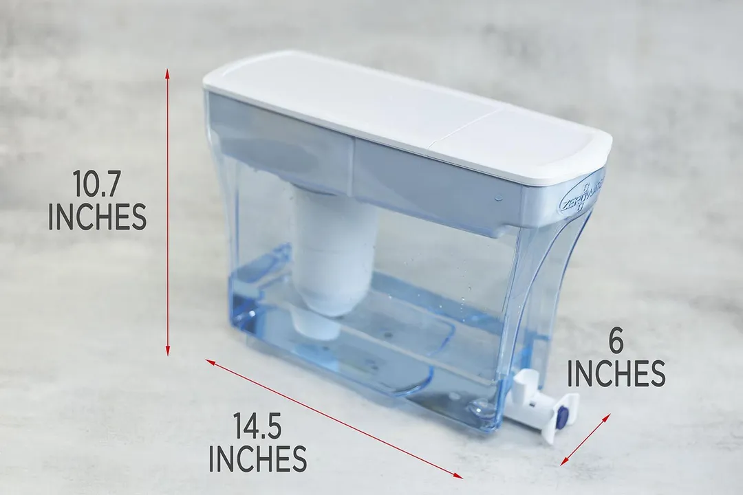 The ZeroWater 23 cup water filter dispenser and its measurement illustrations