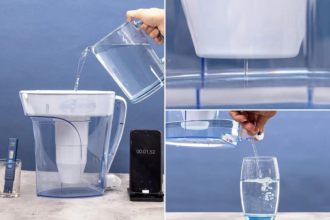 Left:The ZeroWater ZP-010 pitcher, the TDS meter in a water glass, a smartphone timer, Upper right: water running out from the filter, lower right: a glass being filled with water from a pitcher