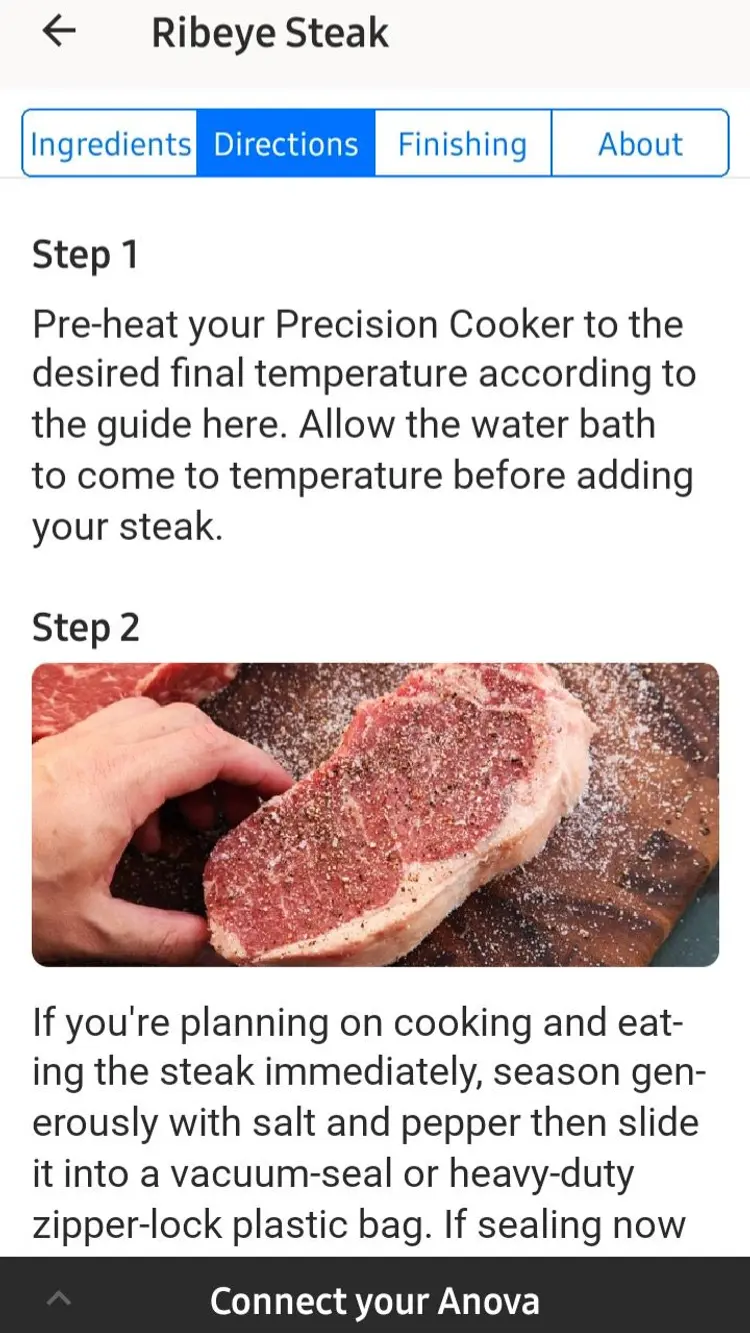 Anova App Cooking Guides directions
