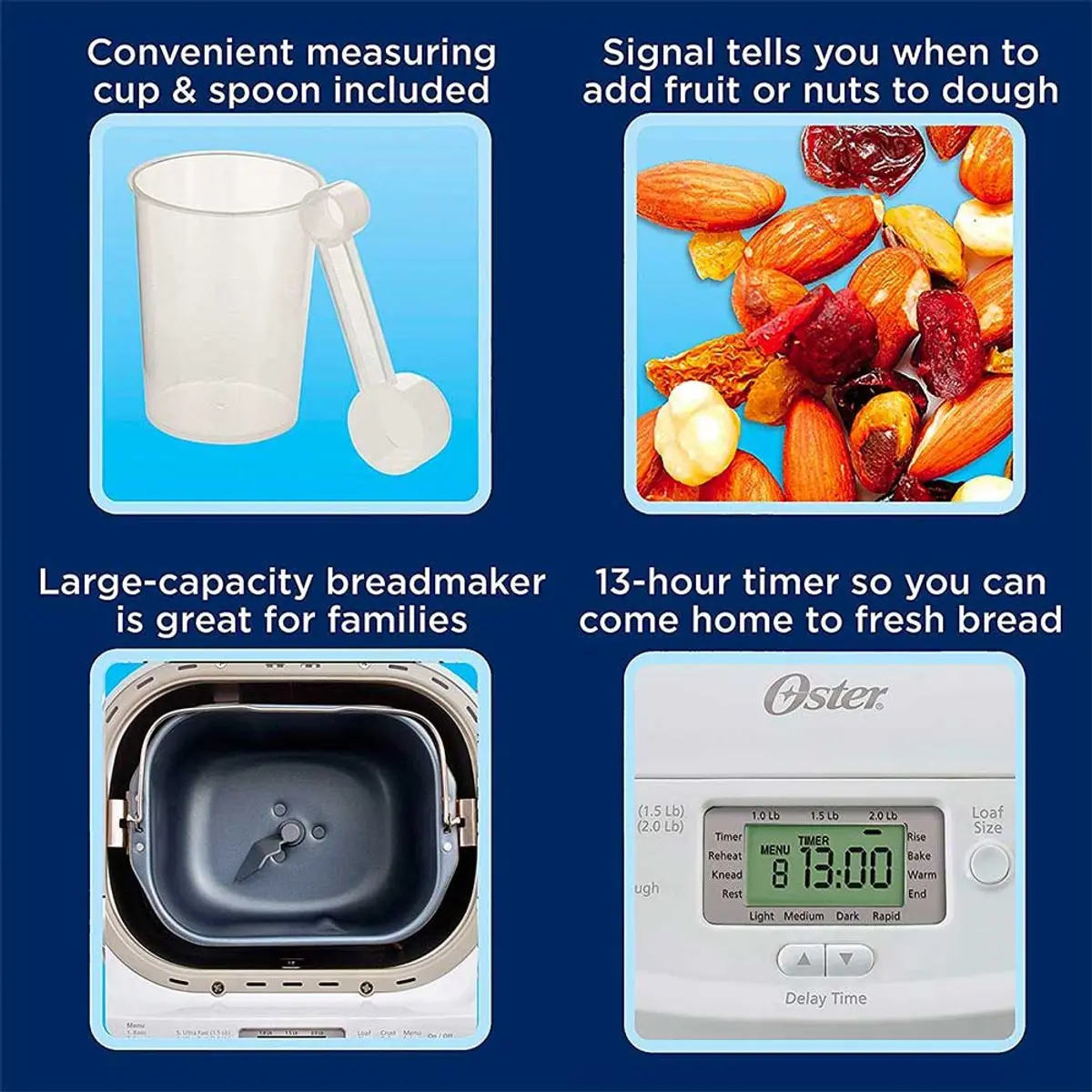 Typical features and control panel of a bread machine: Sunbeam Oster