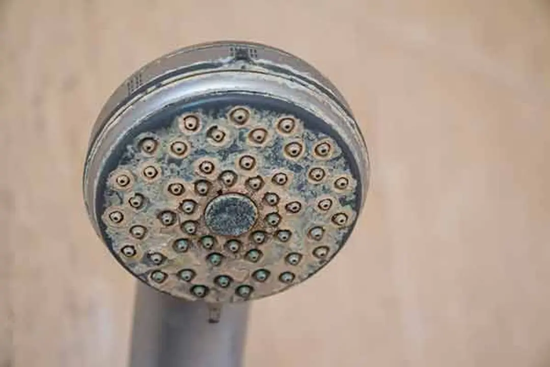 A mineral-clogged showerhead